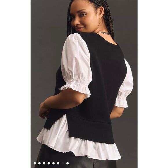 Anthropologie Layered Puff Sleeve Peplum Top XL Black White Preppy Chic - Picture 5 of 9